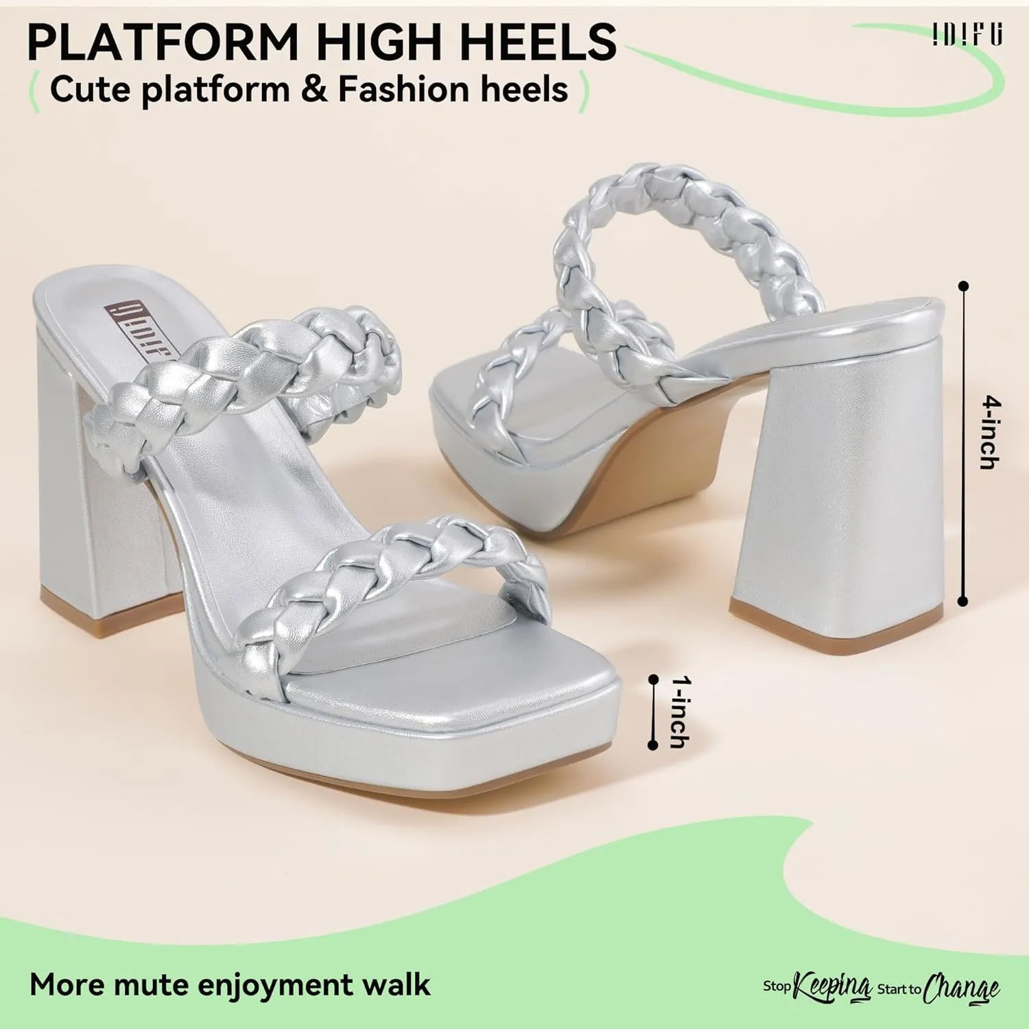 IDIFU IN4 Platform Heels High Braided Chunky Block Square Toe Wedding Bridal Prom Dress Shoes for Women Bride Strappy Open Toe Slip On Heeled Sandals Comfortable Trendy Mules Slide Heels