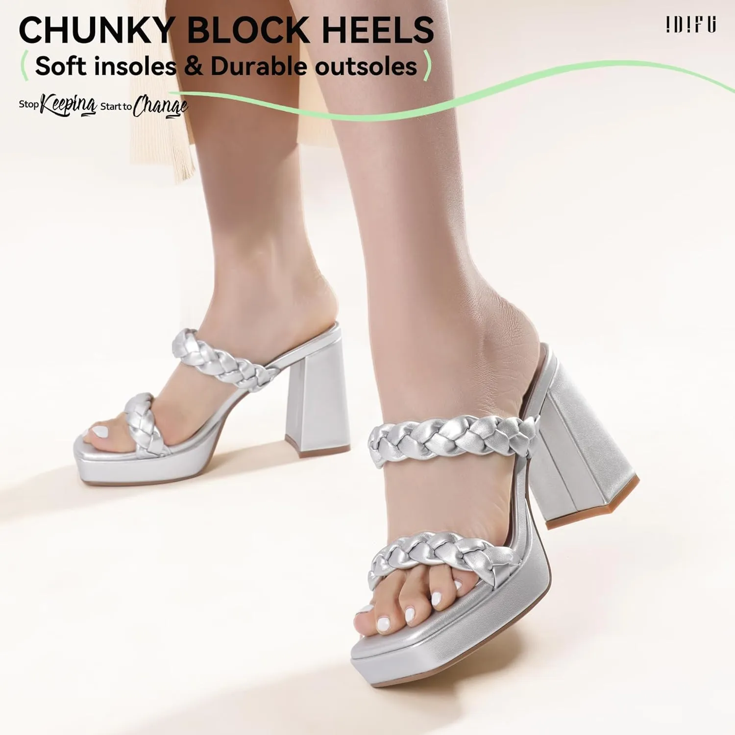 IDIFU IN4 Platform Heels High Braided Chunky Block Square Toe Wedding Bridal Prom Dress Shoes for Women Bride Strappy Open Toe Slip On Heeled Sandals Comfortable Trendy Mules Slide Heels