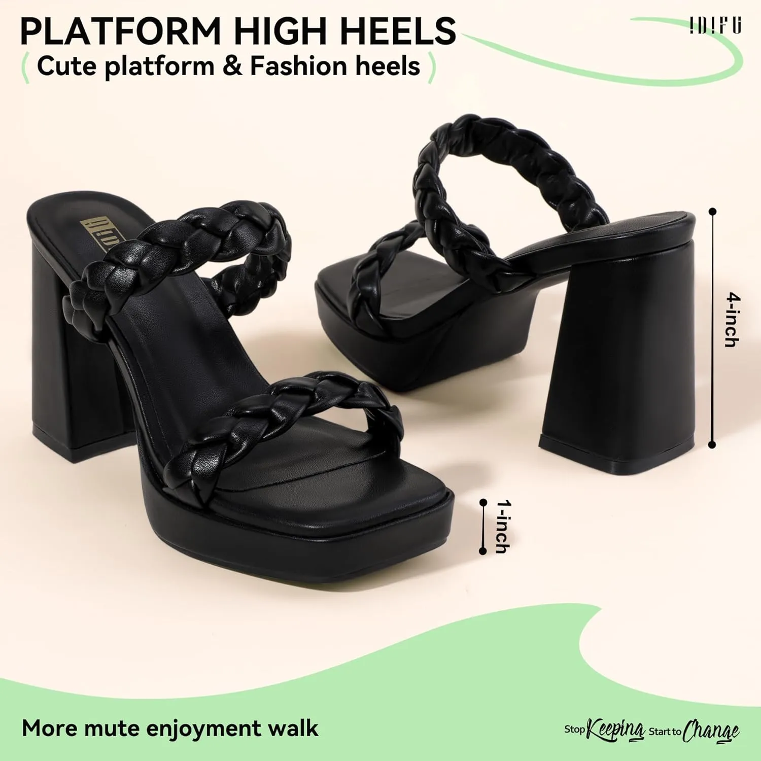 IDIFU IN4 Platform Heels High Braided Chunky Block Square Toe Wedding Bridal Prom Dress Shoes for Women Bride Strappy Open Toe Slip On Heeled Sandals Comfortable Trendy Mules Slide Heels