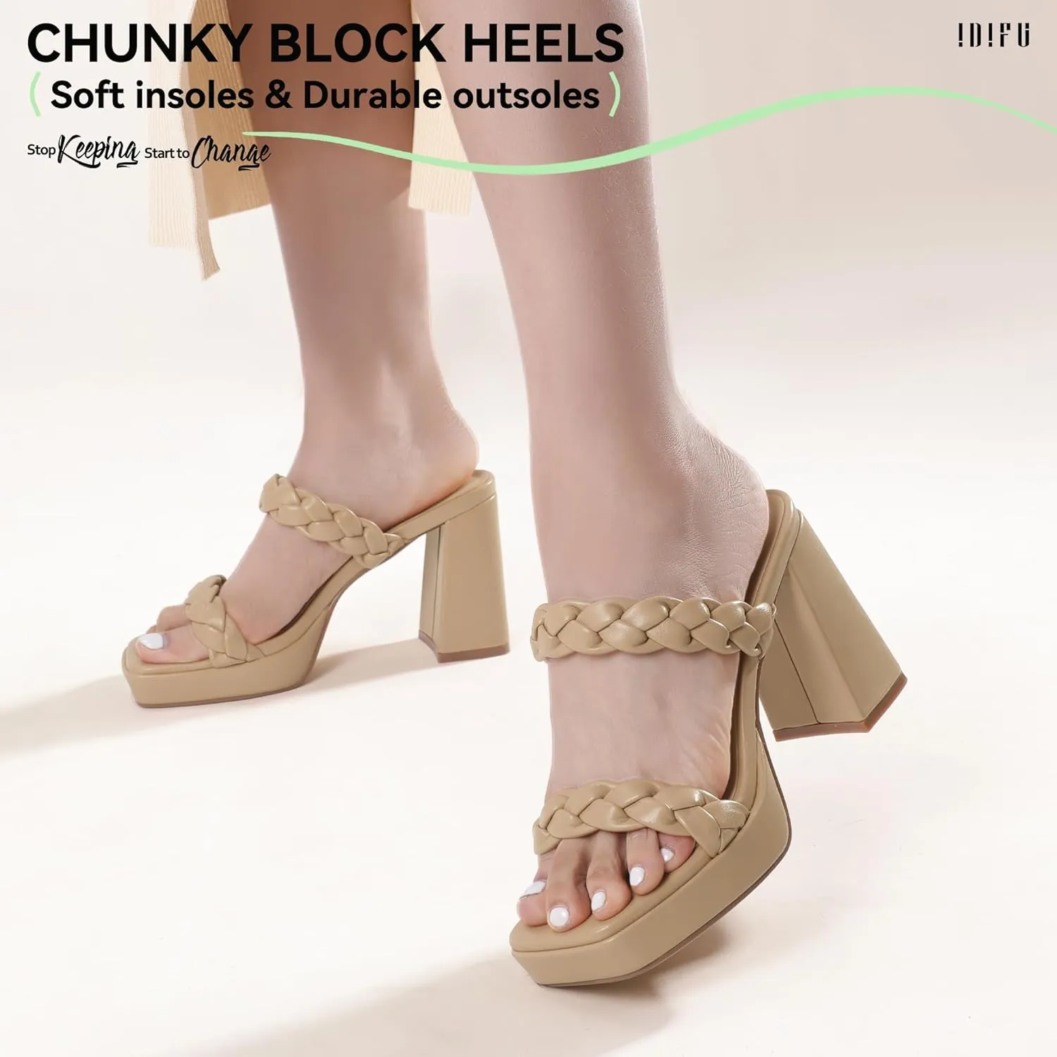 IDIFU IN4 Platform Heels High Braided Chunky Block Square Toe Wedding Bridal Prom Dress Shoes for Women Bride Strappy Open Toe Slip On Heeled Sandals Comfortable Trendy Mules Slide Heels