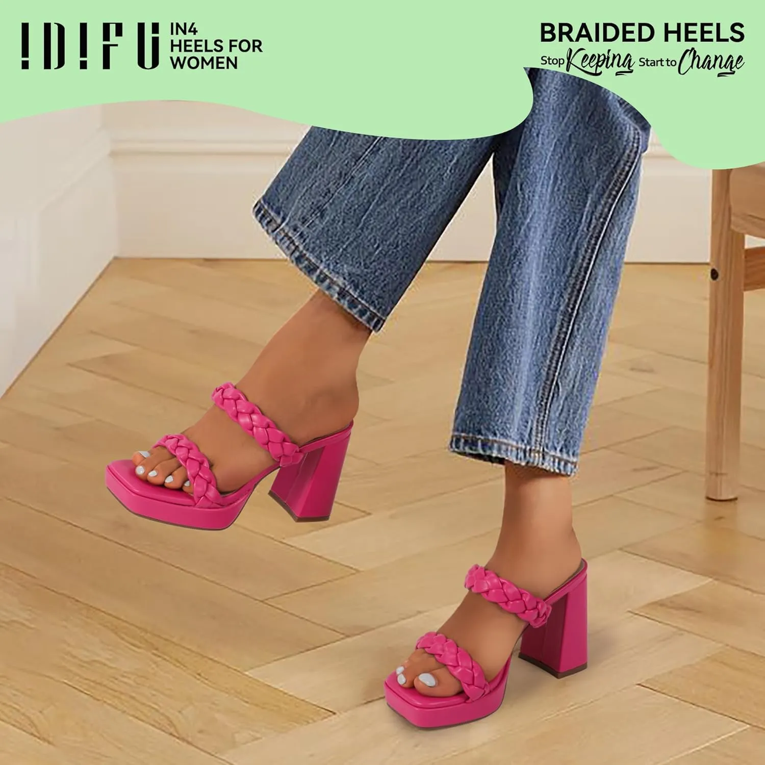IDIFU IN4 Platform Heels High Braided Chunky Block Square Toe Wedding Bridal Prom Dress Shoes for Women Bride Strappy Open Toe Slip On Heeled Sandals Comfortable Trendy Mules Slide Heels