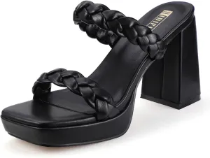 IDIFU IN4 Platform Heels High Braided Chunky Block Square Toe Wedding Bridal Prom Dress Shoes for Women Bride Strappy Open Toe Slip On Heeled Sandals Comfortable Trendy Mules Slide Heels