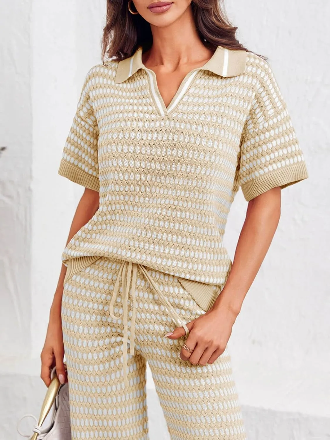 Imily Bela Womens 2 Piece Outfits Striped Short Sleeve Sweater Tops Knit Sets Wide Leg Pants Lounge Set