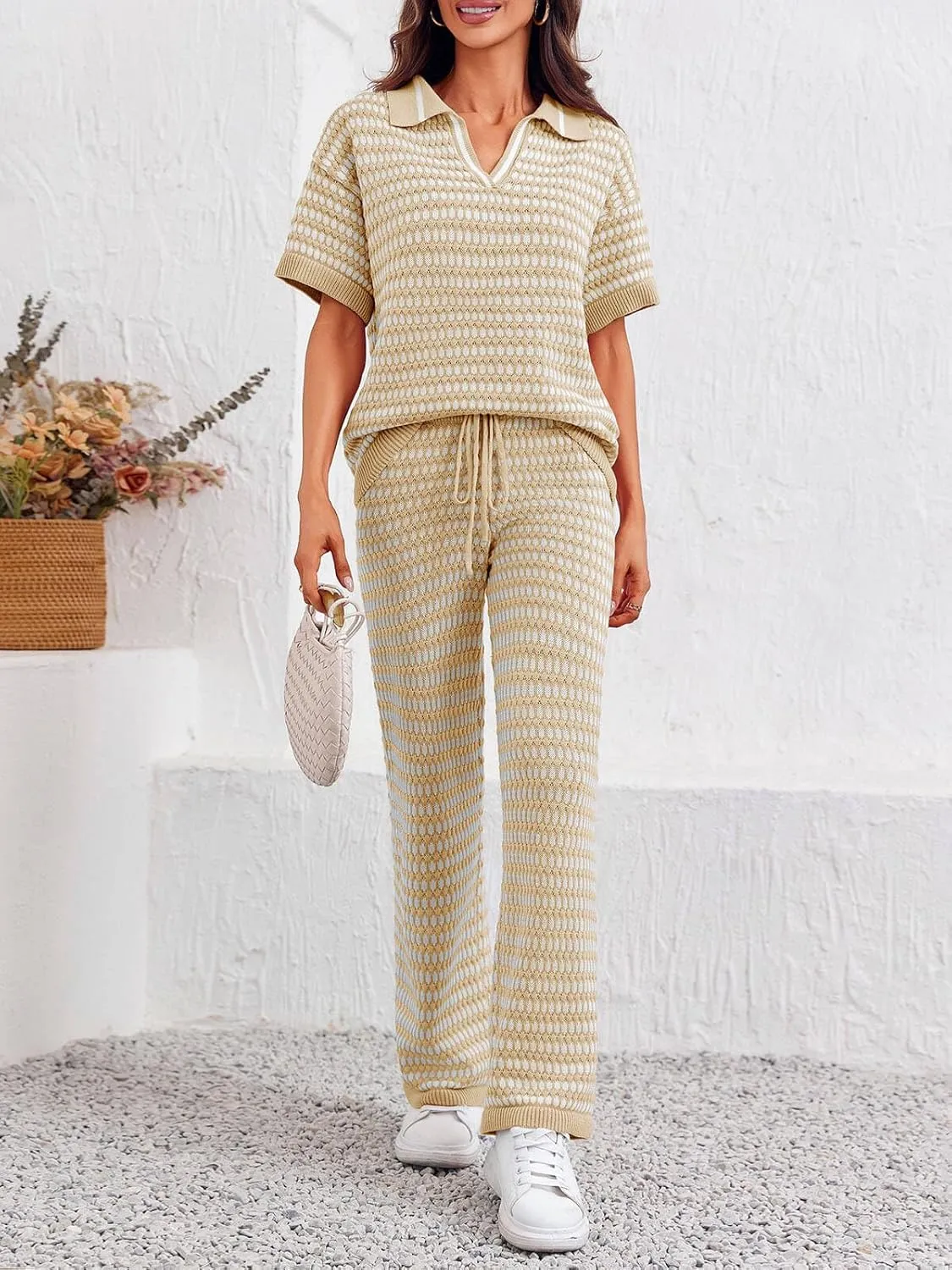 Imily Bela Womens 2 Piece Outfits Striped Short Sleeve Sweater Tops Knit Sets Wide Leg Pants Lounge Set