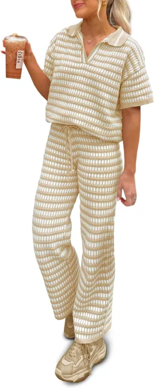 Imily Bela Womens 2 Piece Outfits Striped Short Sleeve Sweater Tops Knit Sets Wide Leg Pants Lounge Set
