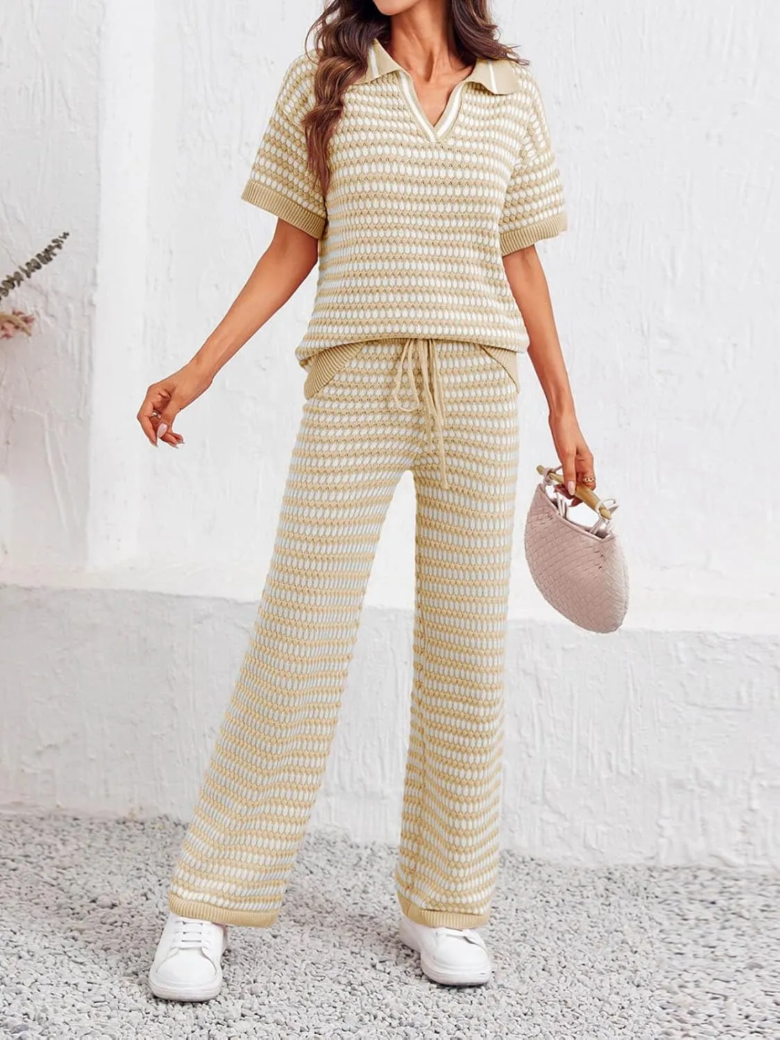 Imily Bela Womens 2 Piece Outfits Striped Short Sleeve Sweater Tops Knit Sets Wide Leg Pants Lounge Set