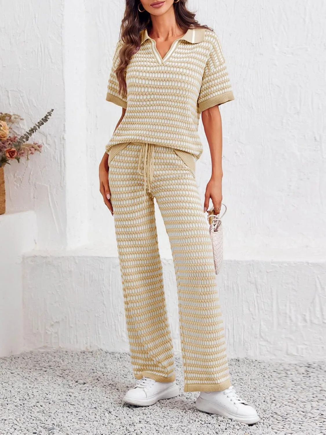 Imily Bela Womens 2 Piece Outfits Striped Short Sleeve Sweater Tops Knit Sets Wide Leg Pants Lounge Set