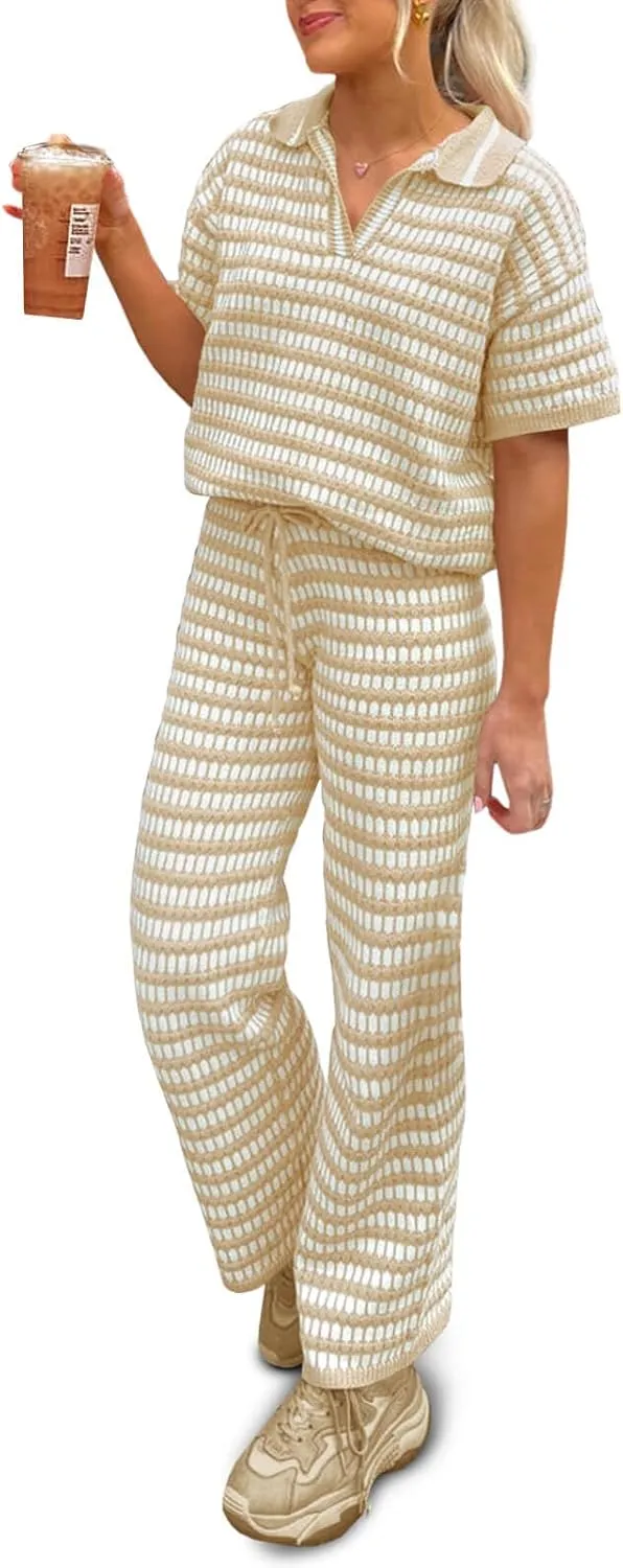 Imily Bela Womens 2 Piece Outfits Striped Short Sleeve Sweater Tops Knit Sets Wide Leg Pants Lounge Set