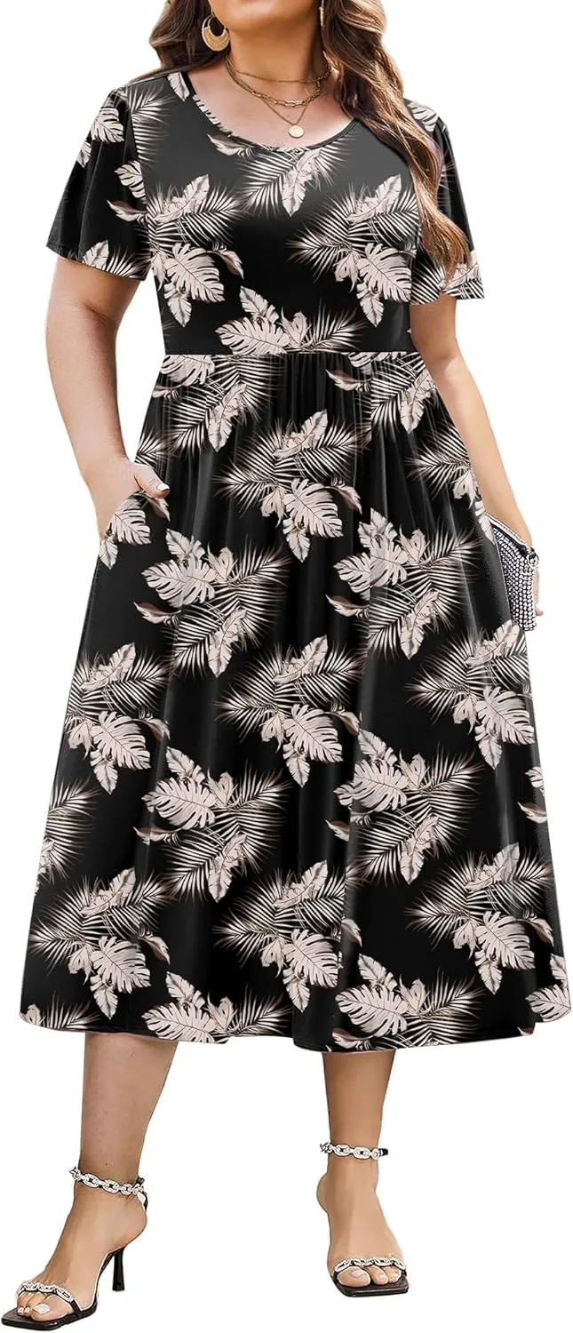 IN'VOLAND Women Plus Size Short Sleeve Dress Loose Summer Casual A-Line Flowy Midi Dresses with Pockets