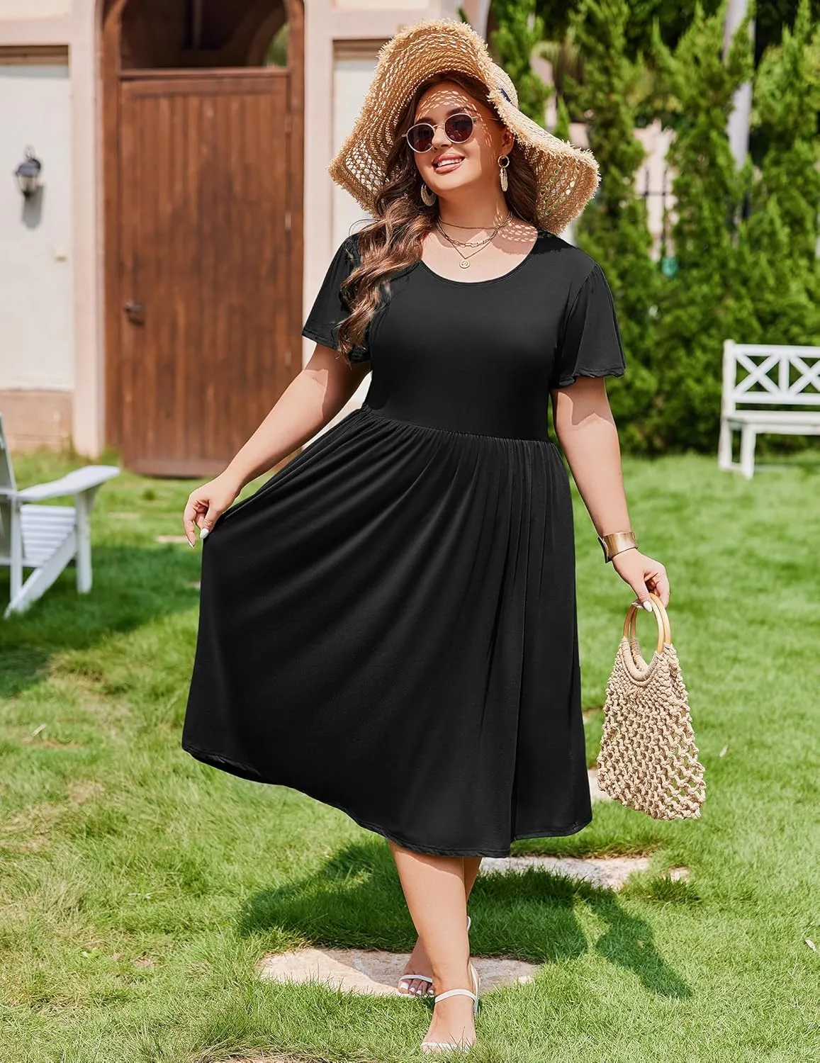 IN'VOLAND Women Plus Size Short Sleeve Dress Loose Summer Casual A-Line Flowy Midi Dresses with Pockets