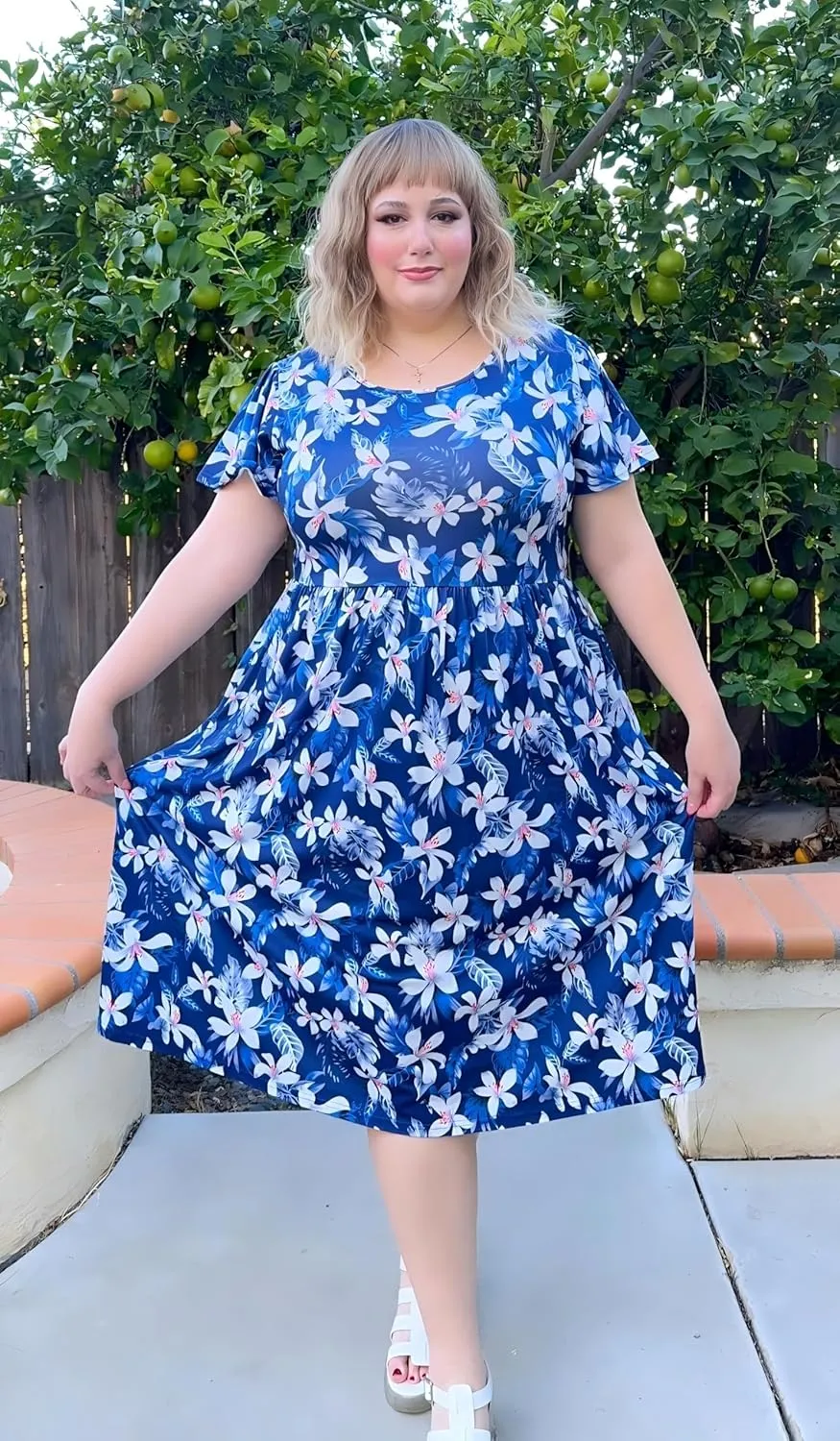 IN'VOLAND Women Plus Size Short Sleeve Dress Loose Summer Casual A-Line Flowy Midi Dresses with Pockets
