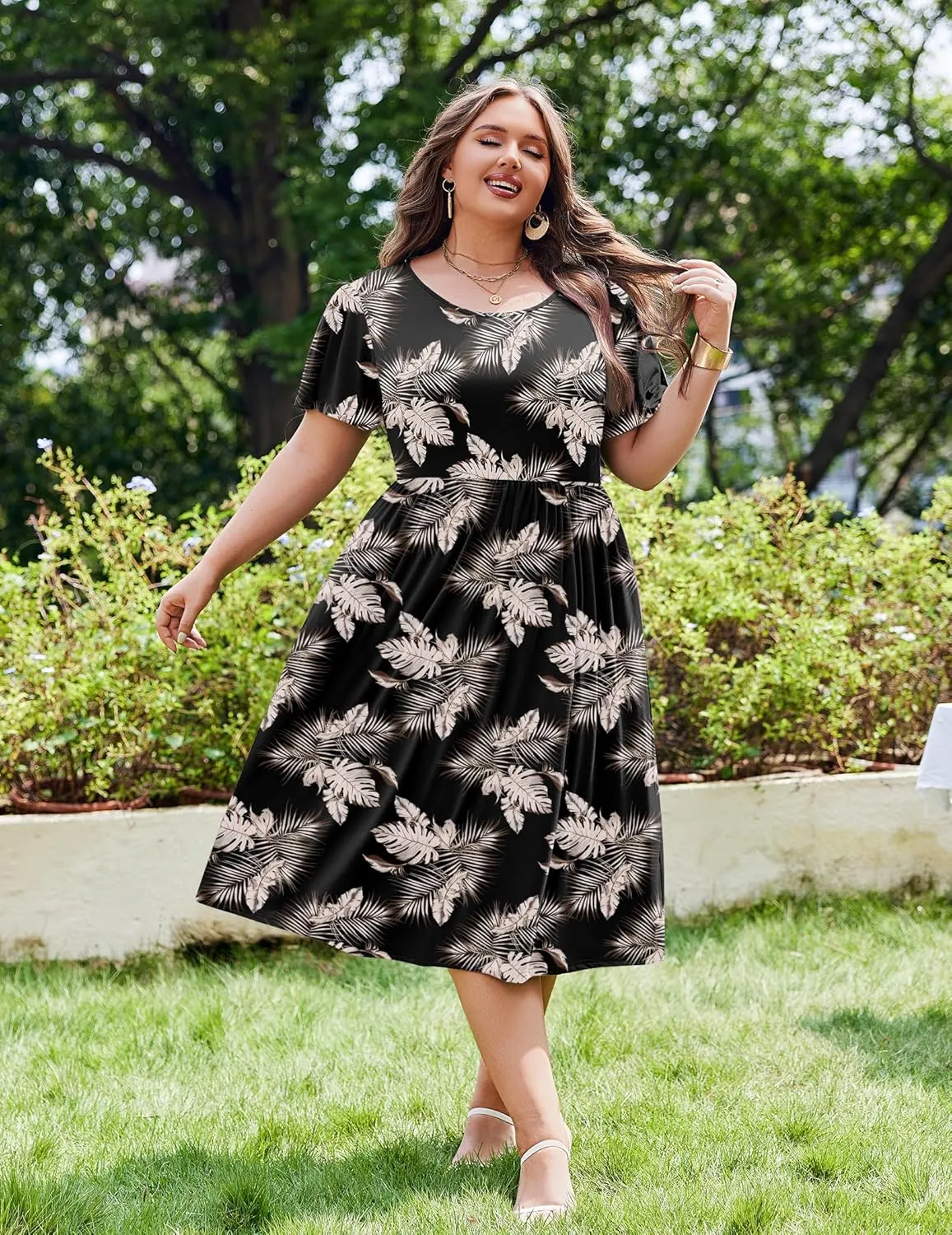 IN'VOLAND Women Plus Size Short Sleeve Dress Loose Summer Casual A-Line Flowy Midi Dresses with Pockets