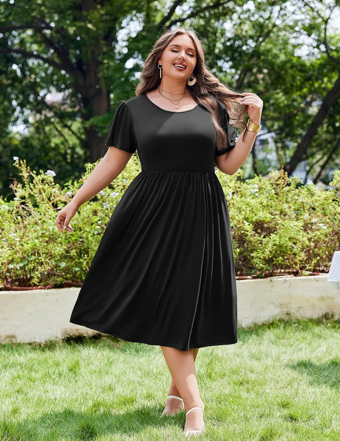 IN'VOLAND Women Plus Size Short Sleeve Dress Loose Summer Casual A-Line Flowy Midi Dresses with Pockets