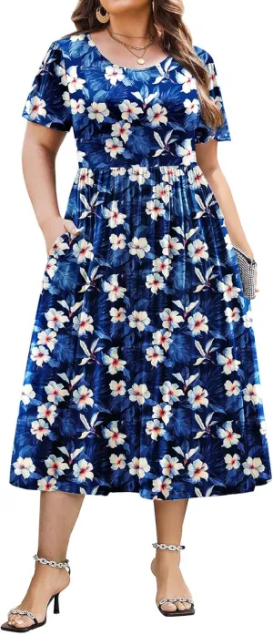 IN'VOLAND Women Plus Size Short Sleeve Dress Loose Summer Casual A-Line Flowy Midi Dresses with Pockets