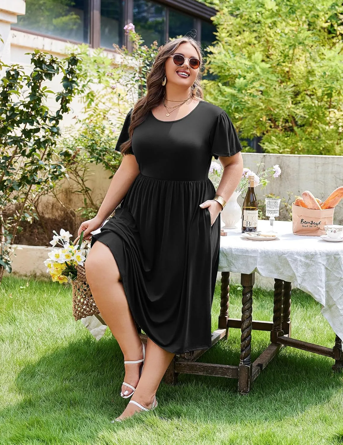 IN'VOLAND Women Plus Size Short Sleeve Dress Loose Summer Casual A-Line Flowy Midi Dresses with Pockets