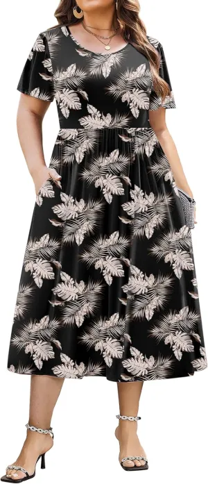 IN'VOLAND Women Plus Size Short Sleeve Dress Loose Summer Casual A-Line Flowy Midi Dresses with Pockets