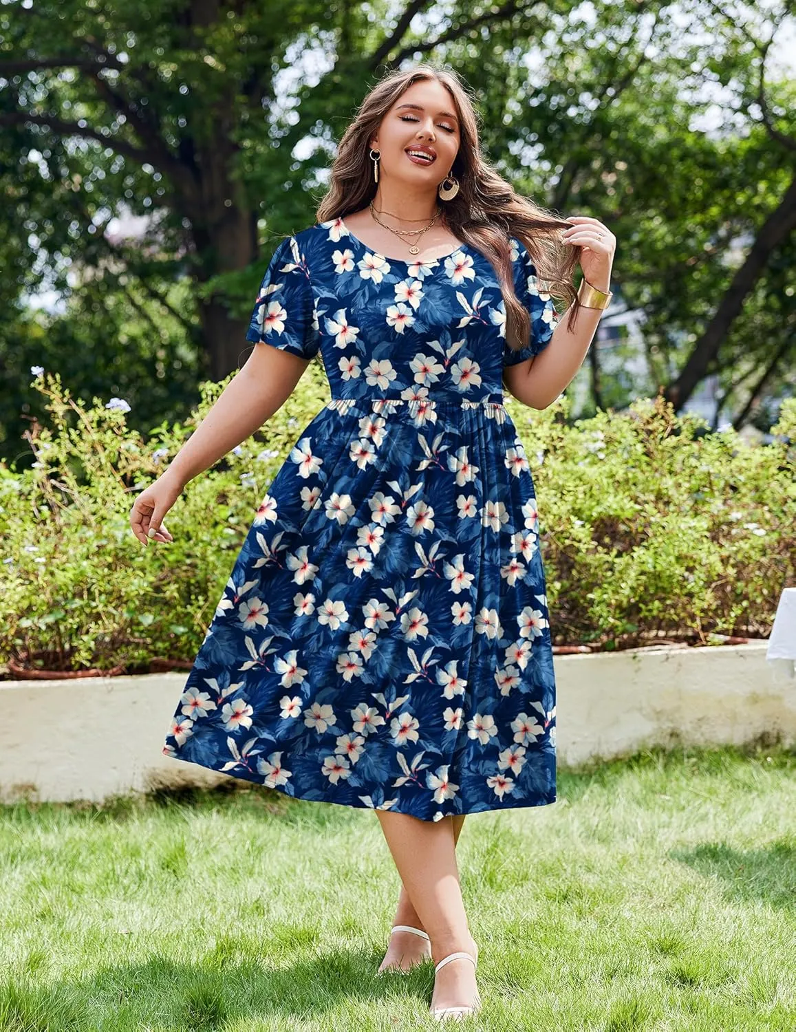 IN'VOLAND Women Plus Size Short Sleeve Dress Loose Summer Casual A-Line Flowy Midi Dresses with Pockets