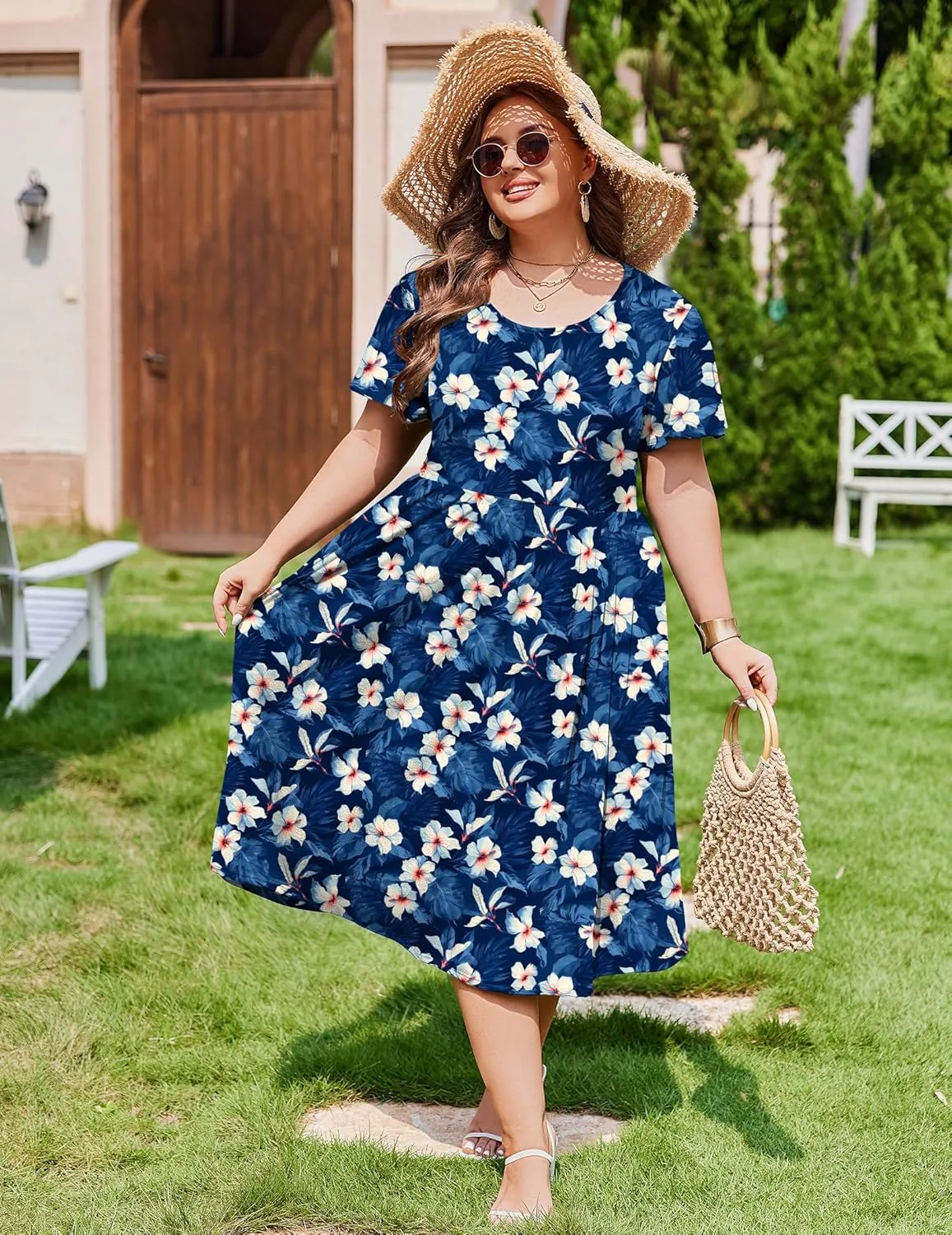 IN'VOLAND Women Plus Size Short Sleeve Dress Loose Summer Casual A-Line Flowy Midi Dresses with Pockets