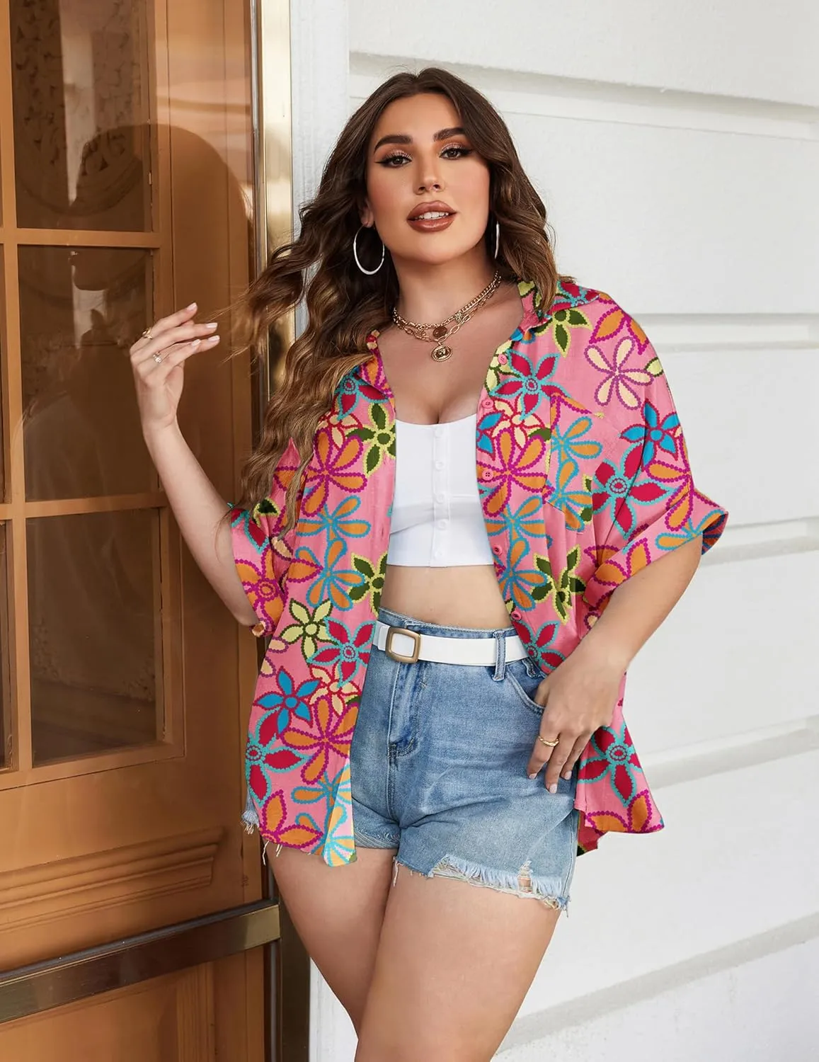 IN'VOLAND Womens Plus Size Shirts Short Sleeve Button Down Shirts V Neck Casual Blouses Tops