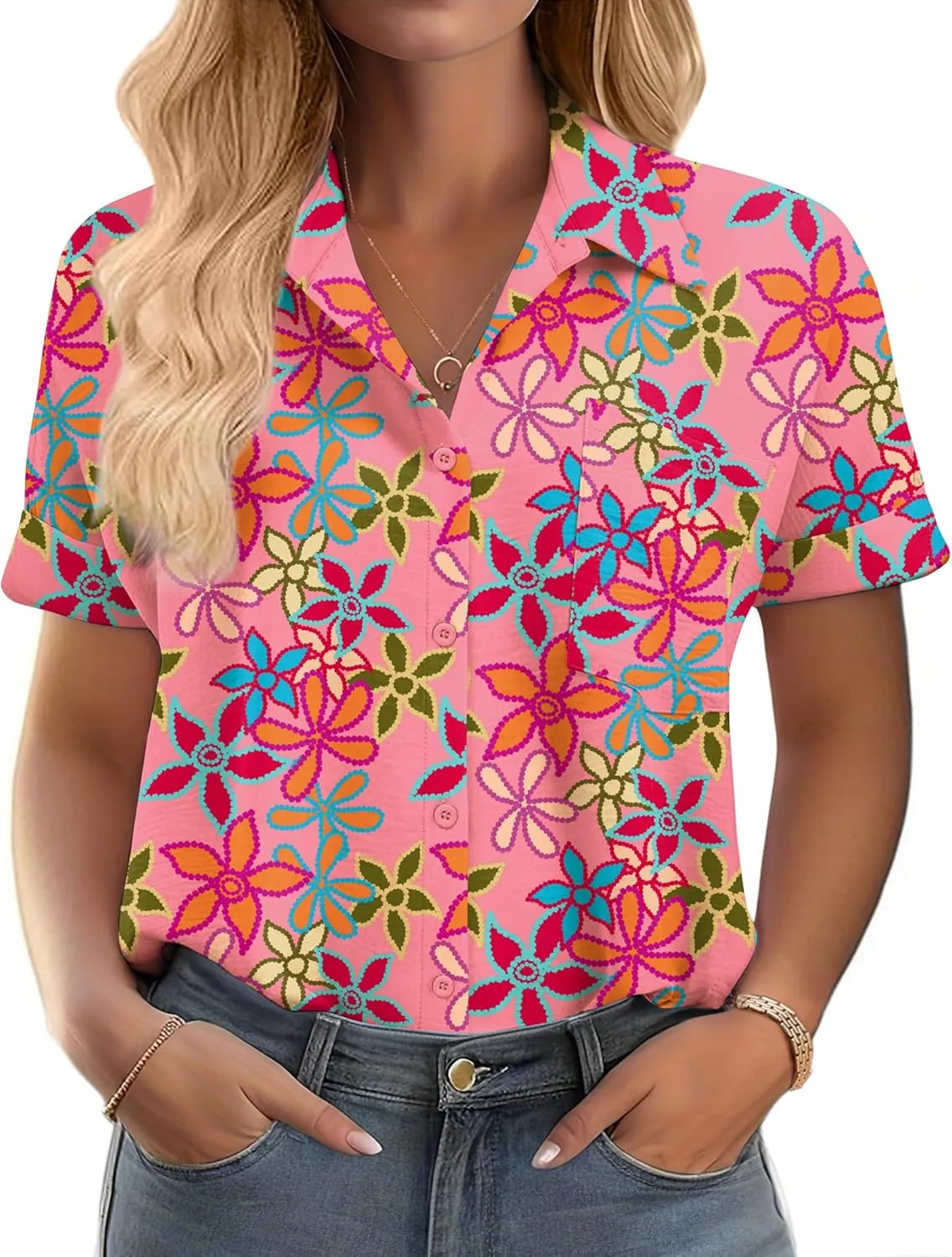 IN'VOLAND Womens Plus Size Shirts Short Sleeve Button Down Shirts V Neck Casual Blouses Tops