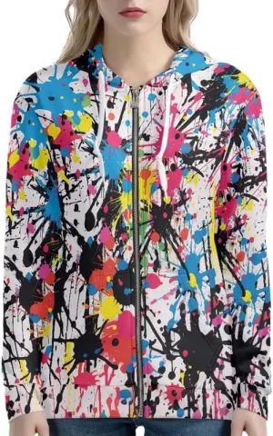 Irisjudy Splatter Color Art Womens Active Zip up Hoodies with Pocket Long Sleeve Sport Shirts, Splash Paint Casual Winter Pullover Tops Plus Size