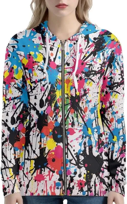 Irisjudy Splatter Color Art Womens Active Zip up Hoodies with Pocket Long Sleeve Sport Shirts, Splash Paint Casual Winter Pullover Tops Plus Size