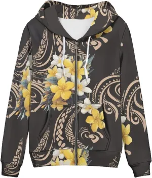 Irisjudy Women Zip Sweatshirt with Pocket Pink Cat Paw Casual Hooded Fall Clothes Hawaii Plumeria Totem Oversized Hoodies Top