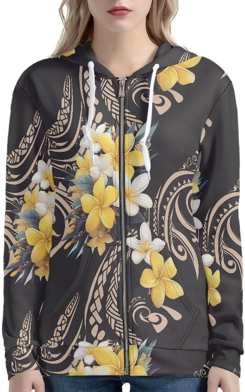 Irisjudy Women Zip Sweatshirt with Pocket Pink Cat Paw Casual Hooded Fall Clothes Hawaii Plumeria Totem Oversized Hoodies Top