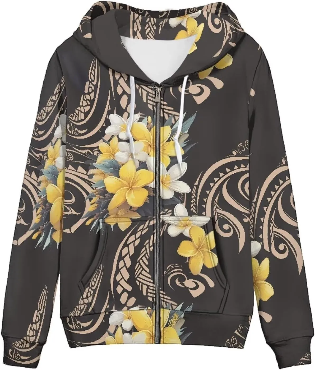 Irisjudy Women Zip Sweatshirt with Pocket Pink Cat Paw Casual Hooded Fall Clothes Hawaii Plumeria Totem Oversized Hoodies Top