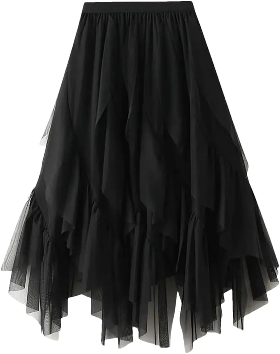 Irregular Ruffled Tulle Skirt for Womens High-Waist Mid-Length Draped Mesh Long Skirts