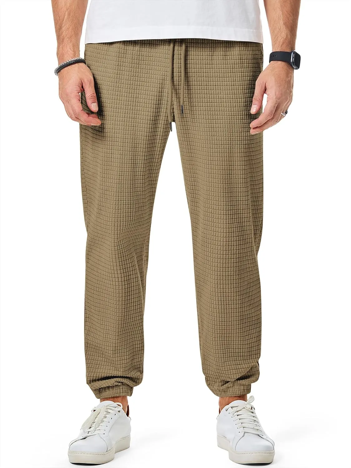 JMIERR Mens Casual Pants Waffle Textured Drawstring Stretch Elastic Waist Tapered Joggers with Pockets