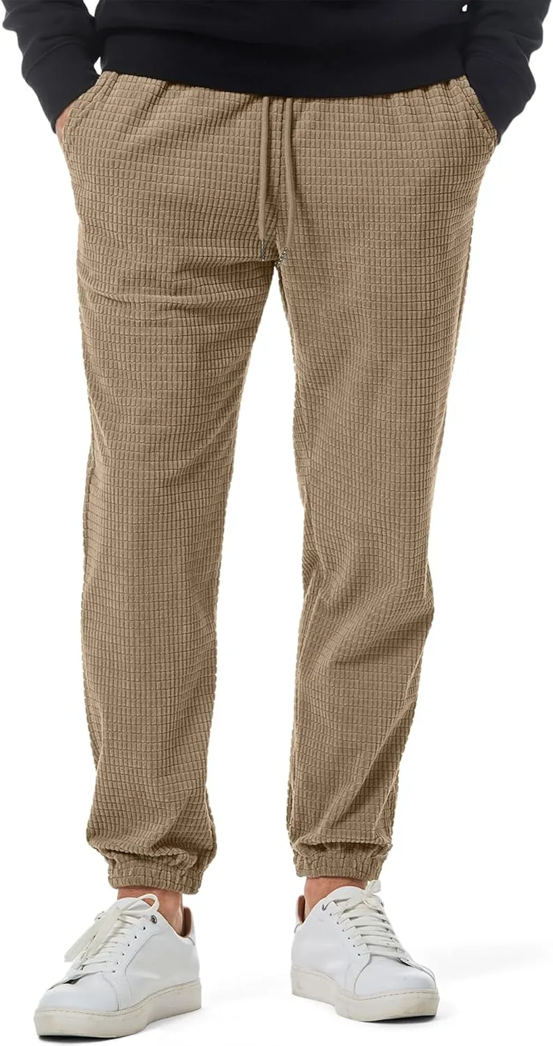 JMIERR Mens Casual Pants Waffle Textured Drawstring Stretch Elastic Waist Tapered Joggers with Pockets