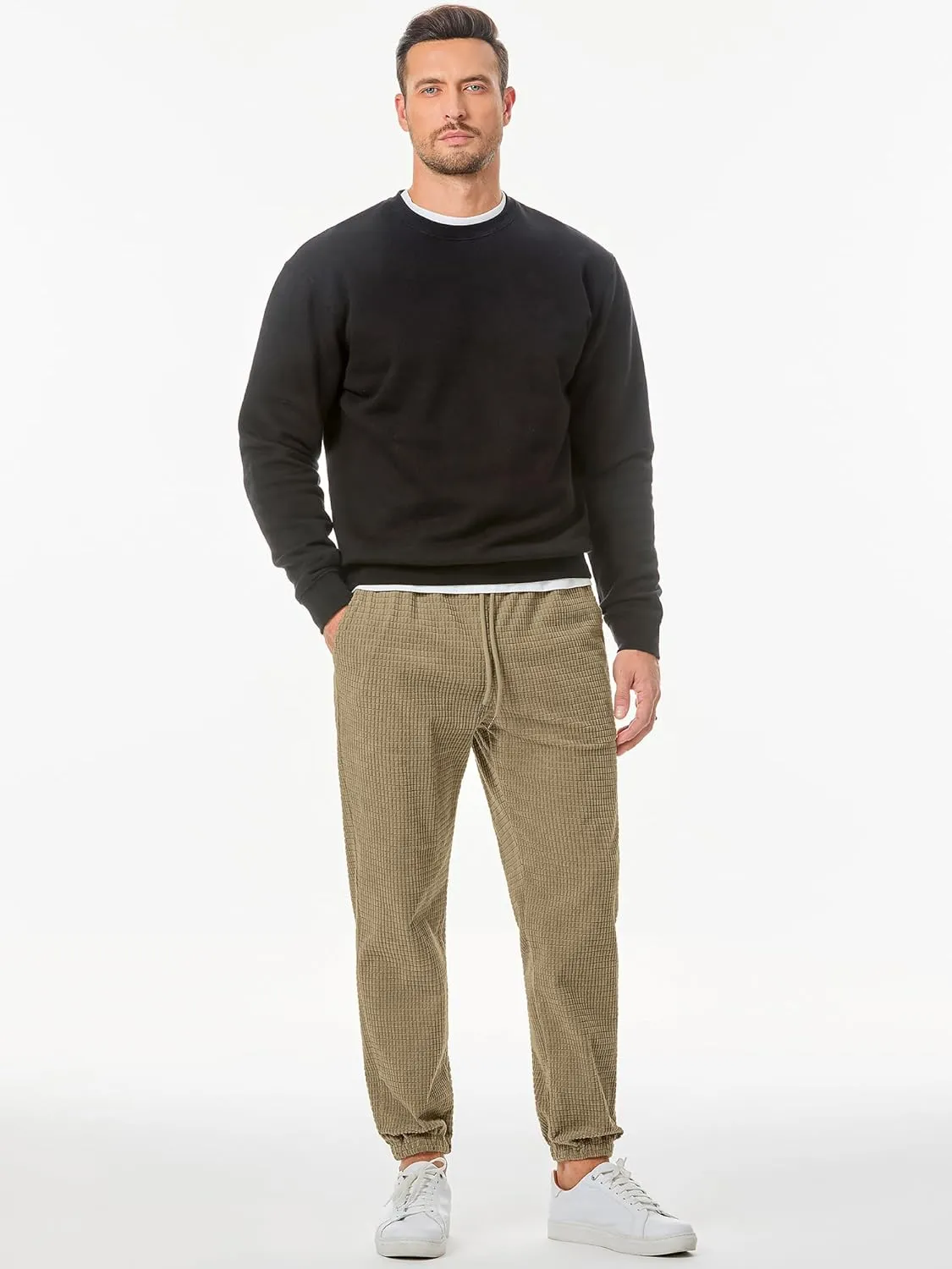 JMIERR Mens Casual Pants Waffle Textured Drawstring Stretch Elastic Waist Tapered Joggers with Pockets