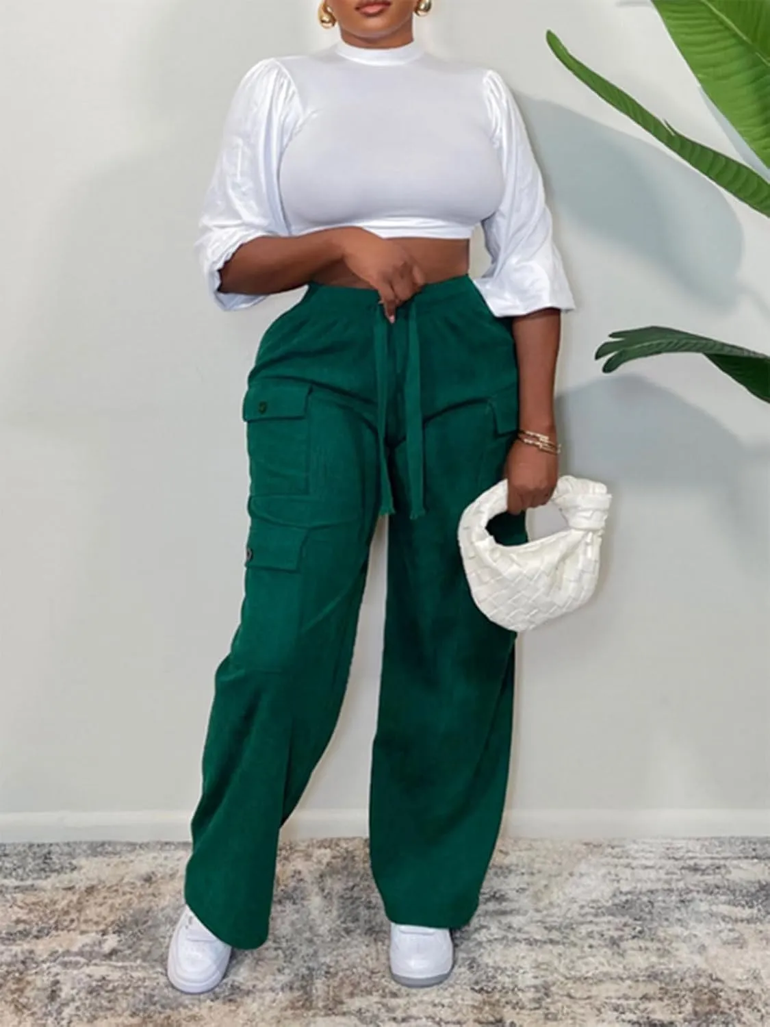 KANSOON Cargo Pants Women Corduroy High Waisted Casual Straight Leg Baggy Y2K Trousers with Multiple Pockets