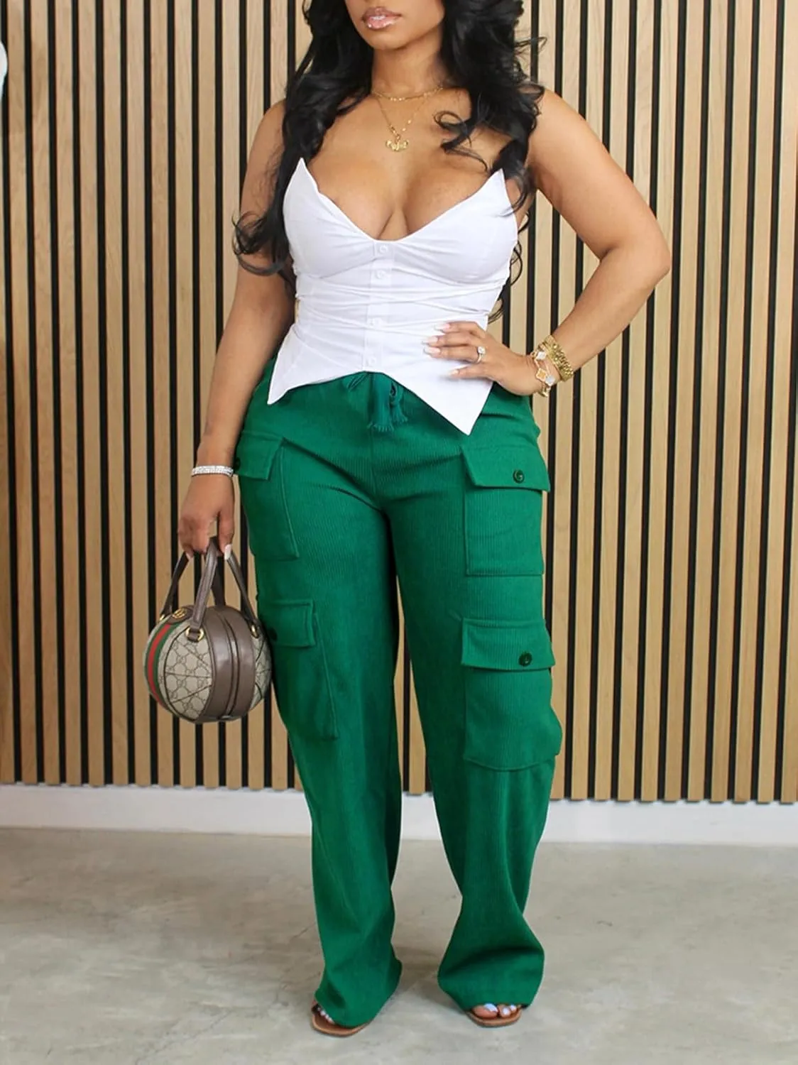 KANSOON Cargo Pants Women Corduroy High Waisted Casual Straight Leg Baggy Y2K Trousers with Multiple Pockets