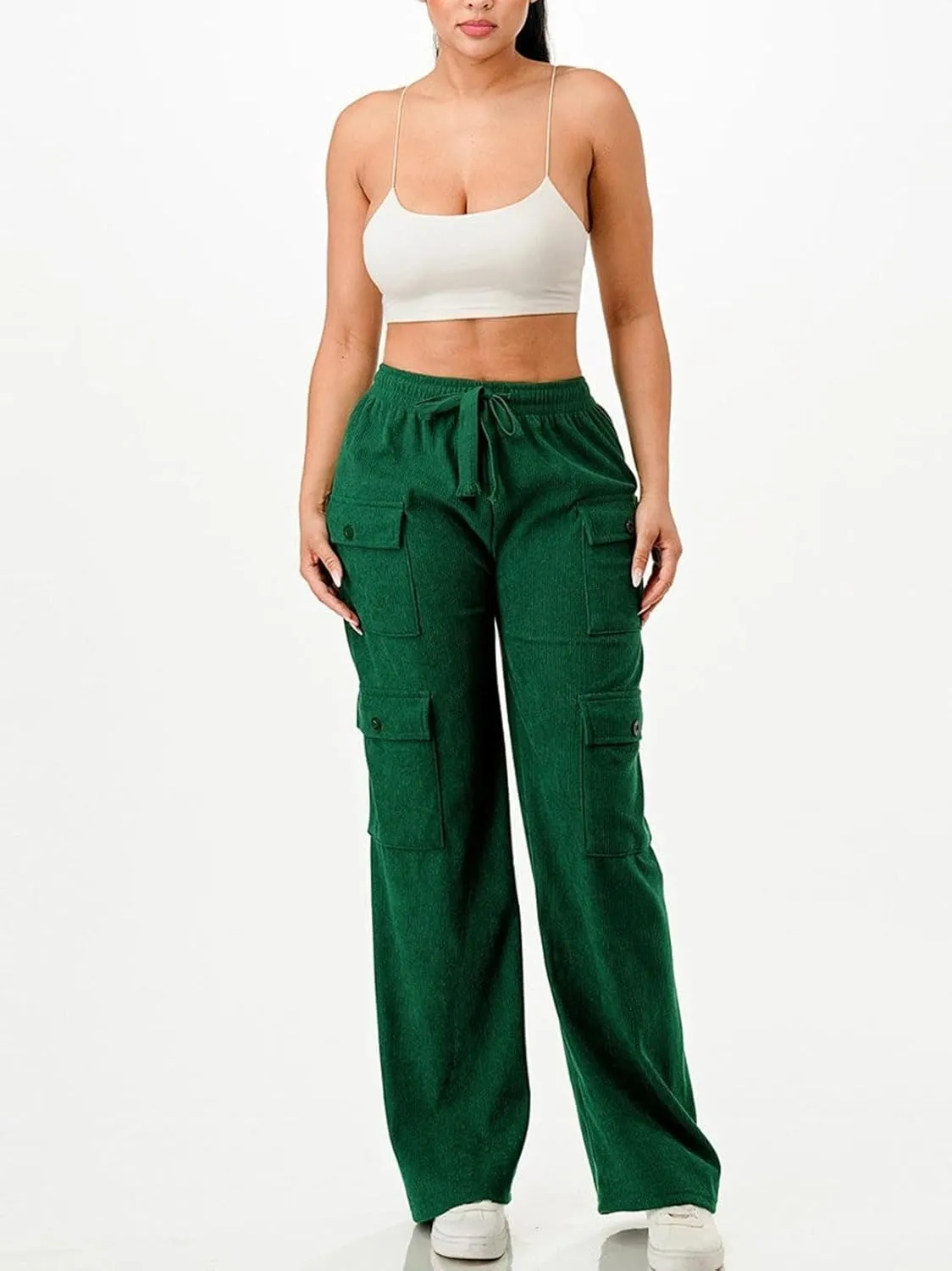 KANSOON Cargo Pants Women Corduroy High Waisted Casual Straight Leg Baggy Y2K Trousers with Multiple Pockets
