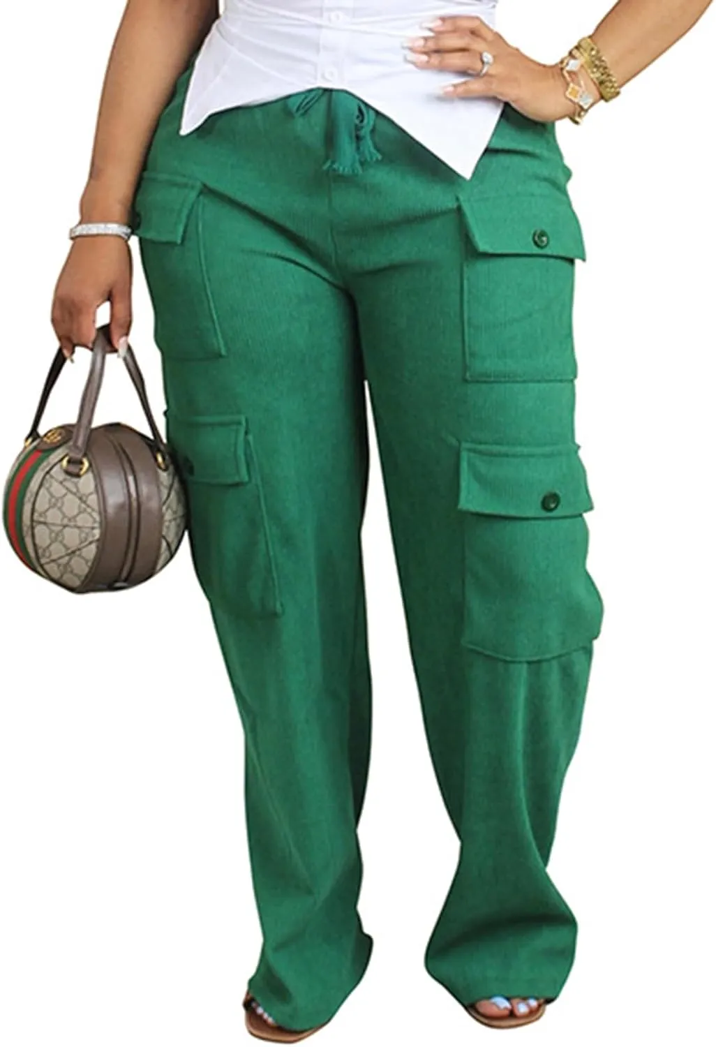 KANSOON Cargo Pants Women Corduroy High Waisted Casual Straight Leg Baggy Y2K Trousers with Multiple Pockets