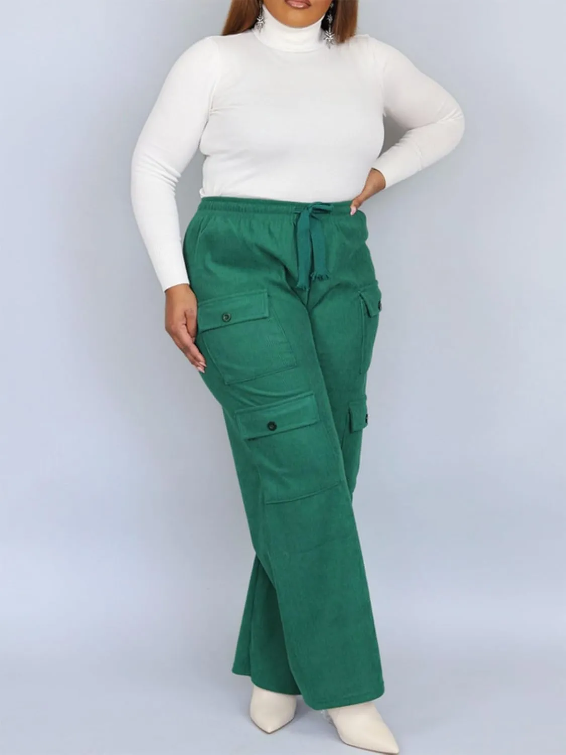 KANSOON Cargo Pants Women Corduroy High Waisted Casual Straight Leg Baggy Y2K Trousers with Multiple Pockets