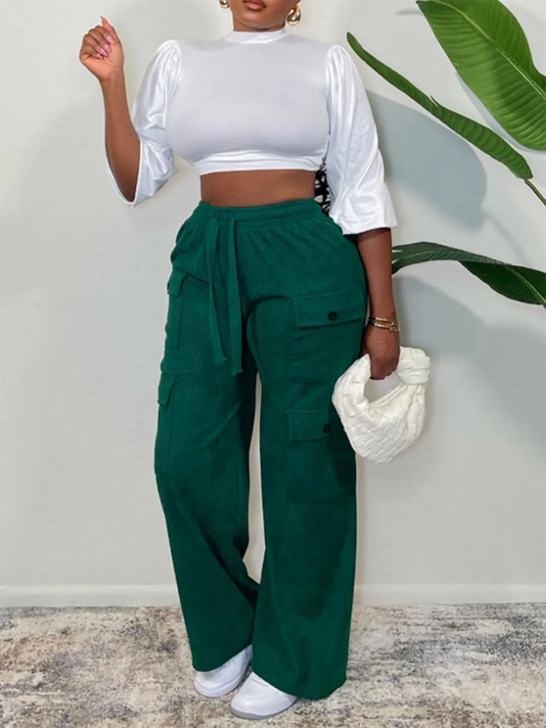 KANSOON Cargo Pants Women Corduroy High Waisted Casual Straight Leg Baggy Y2K Trousers with Multiple Pockets