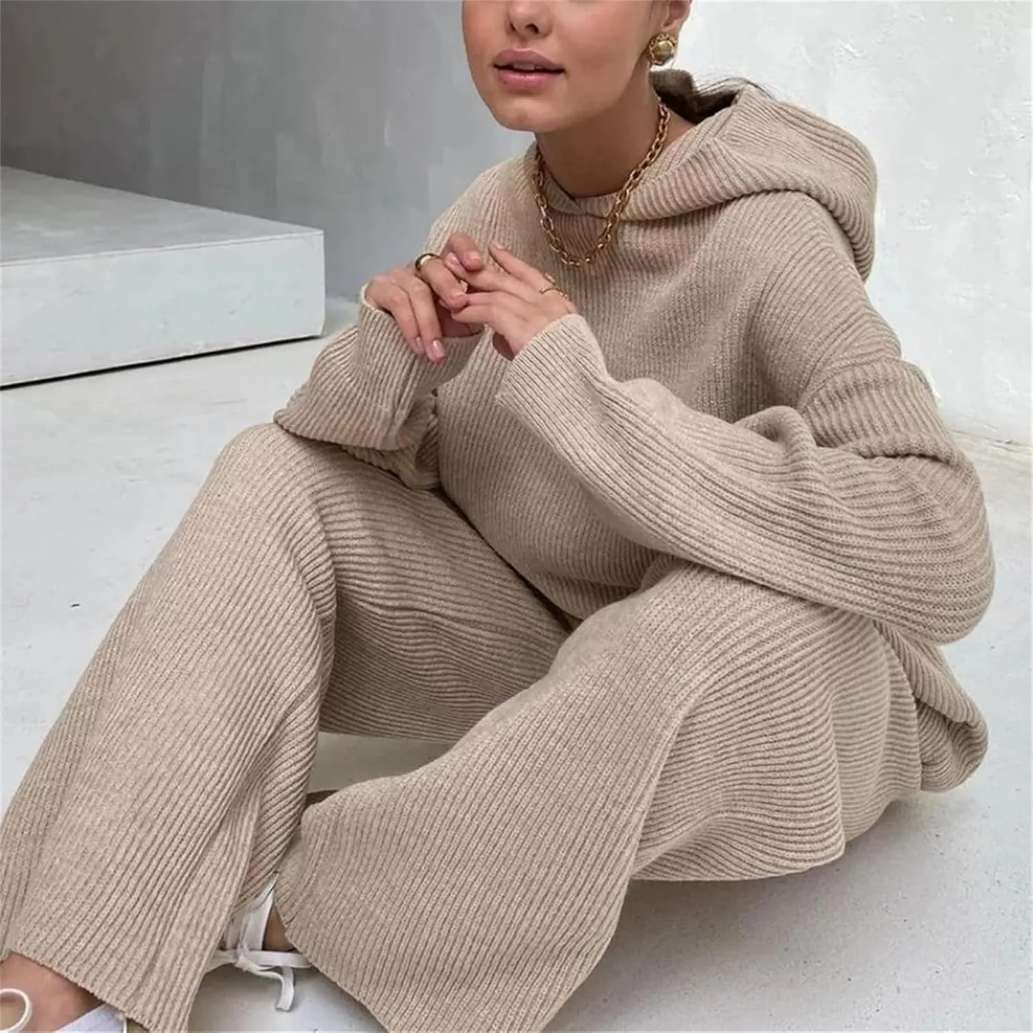 KEOMUD Women's Fall 2 Piece Sweater Sets Long Sleeve Hooded Knit Pullovers and Wide Leg Pants Lounge Sets