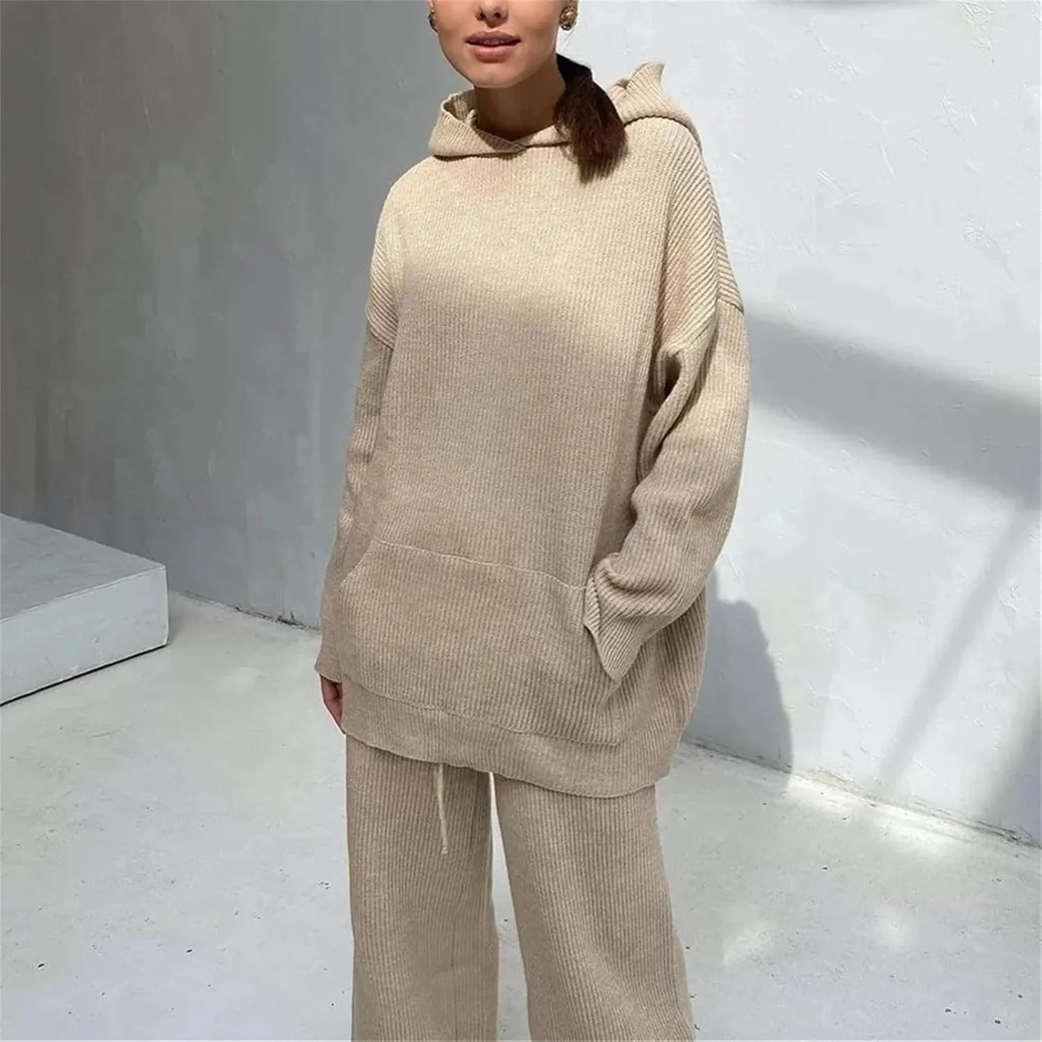 KEOMUD Women's Fall 2 Piece Sweater Sets Long Sleeve Hooded Knit Pullovers and Wide Leg Pants Lounge Sets