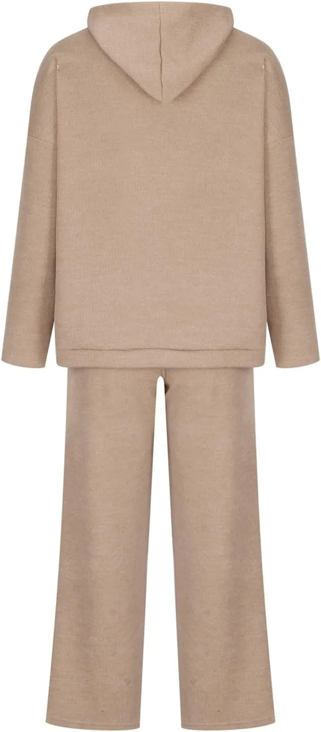 KEOMUD Women's Fall 2 Piece Sweater Sets Long Sleeve Hooded Knit Pullovers and Wide Leg Pants Lounge Sets