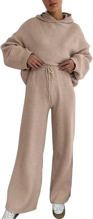KEOMUD Women's Fall 2 Piece Sweater Sets Long Sleeve Hooded Knit Pullovers and Wide Leg Pants Lounge Sets