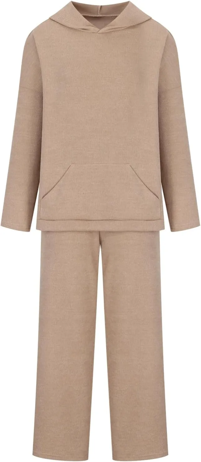 KEOMUD Women's Fall 2 Piece Sweater Sets Long Sleeve Hooded Knit Pullovers and Wide Leg Pants Lounge Sets