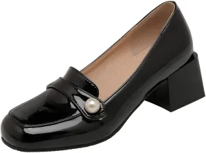 KOKOMOMO Womens Square Toe Chunky Heeled Loafers Mid Block Heel Pump