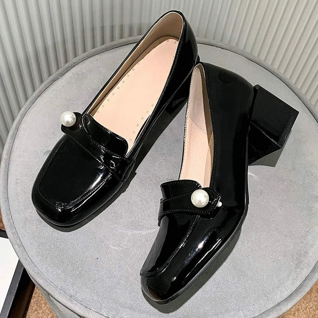 KOKOMOMO Womens Square Toe Chunky Heeled Loafers Mid Block Heel Pump