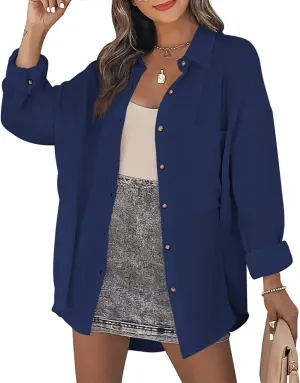 KUFV Women's Long Sleeve Button Down Shirts Tie Waist Casual Loose Blouses Tops