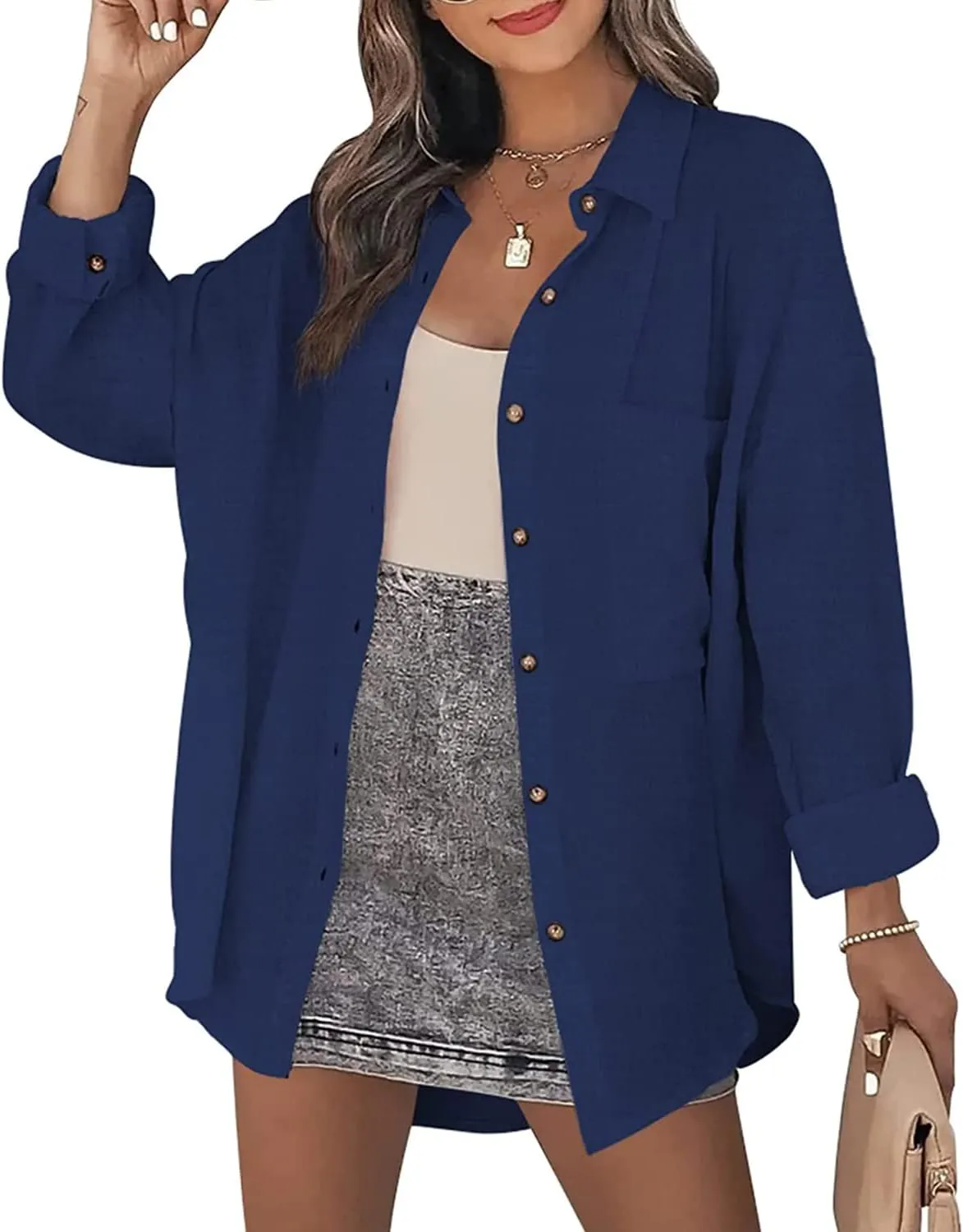 KUFV Women's Long Sleeve Button Down Shirts Tie Waist Casual Loose Blouses Tops