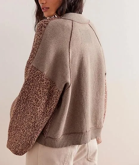 Leopard Print Cardigan Sweaters for Women Cheetah Long Sleeve Crew Neck Knit Top Open Front Button Up Cropped Jacket