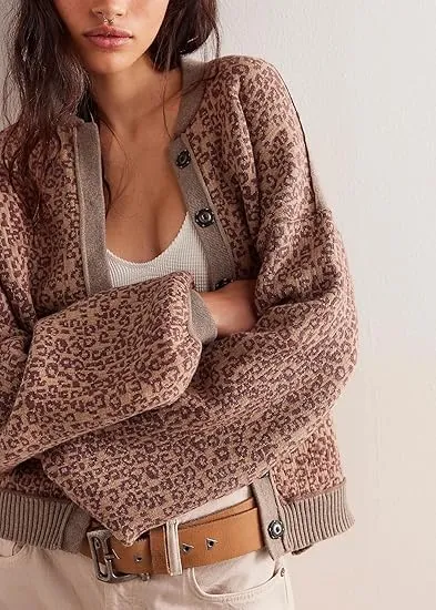 Leopard Print Cardigan Sweaters for Women Cheetah Long Sleeve Crew Neck Knit Top Open Front Button Up Cropped Jacket